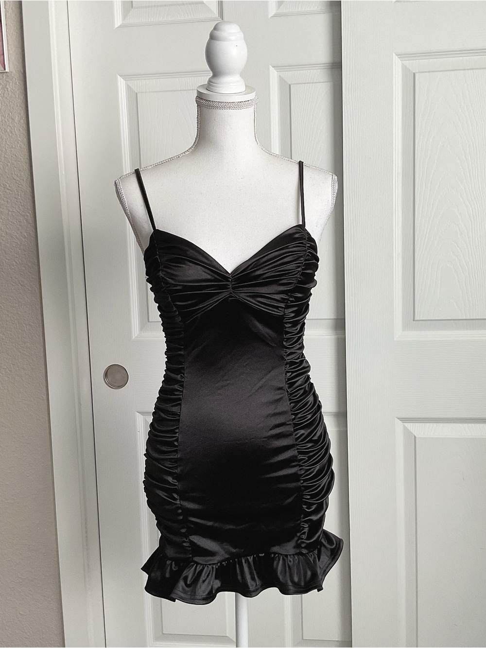 Black Ruched Satin Slip Dress with Ruffle Hem